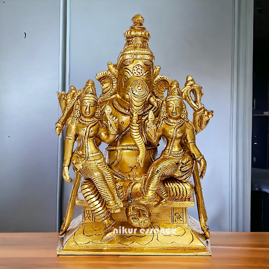 Lord Ganesha with Riddhi Siddhi Sitting Solid Brass idol - 7 inches