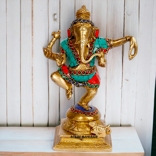 Shop Ganesha dancing Brass with Stone Work idol - 8.5 inches