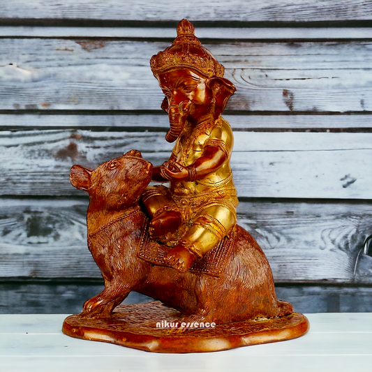 Brass Ganesha seated Mouse idol - 12 Inch