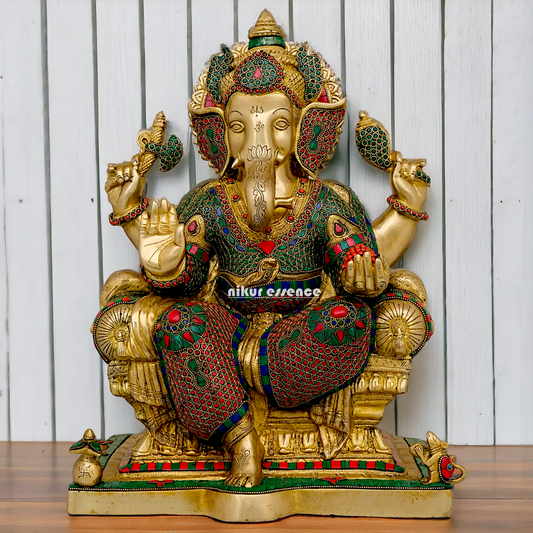 Big Ganesha Sitting on singhasan Brass with Stone Work idol - 18 Inch