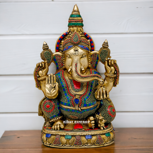 Large Ganpati Sitting Brass with Stone Work idol - 20 Inch