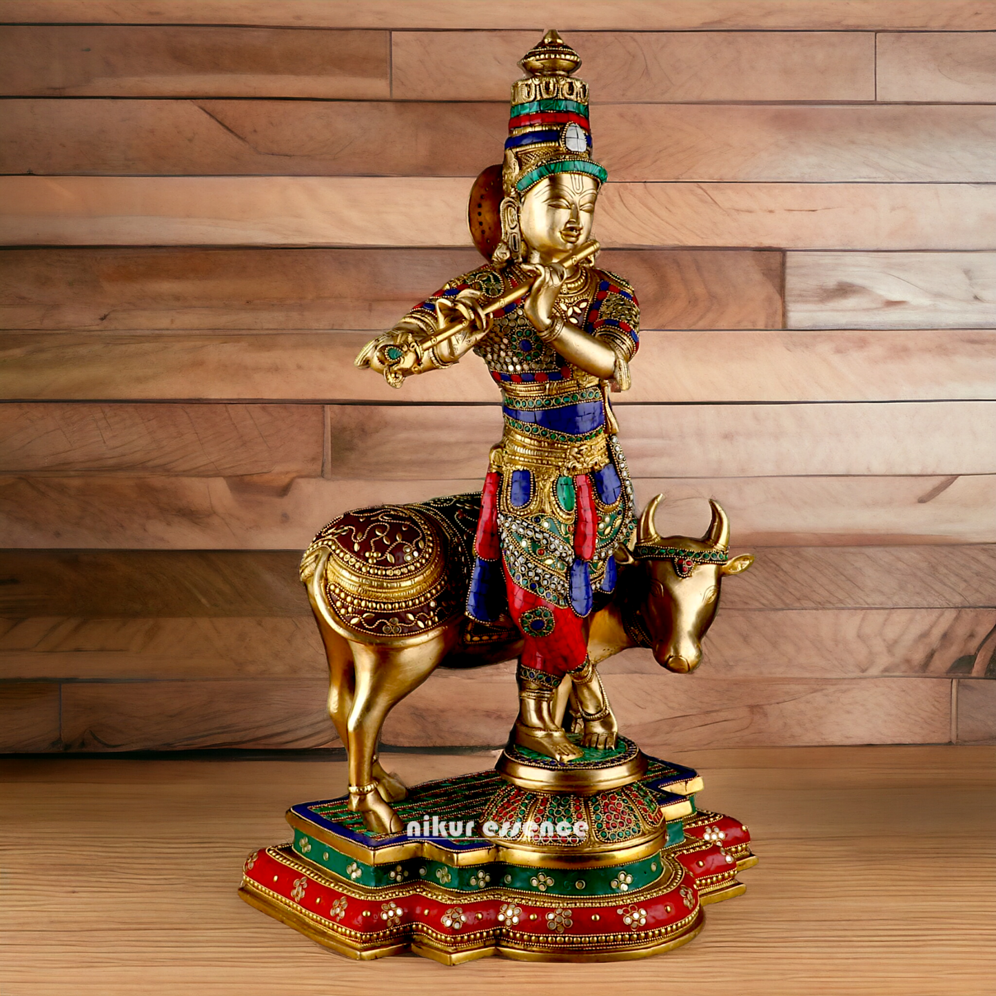 Lord Krishna with cow brass with Stone Work idol - 26.5 Inch