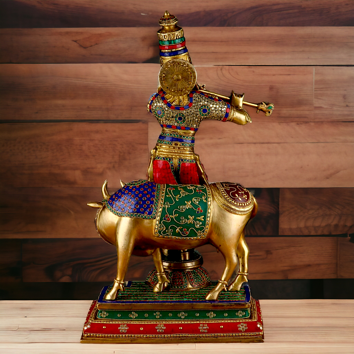 Lord Krishna with cow brass with Stone Work idol - 26.5 Inch