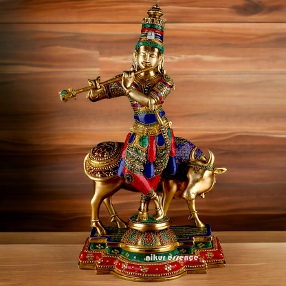 Lord Krishna with cow brass with Stone Work idol - 26.5 Inch