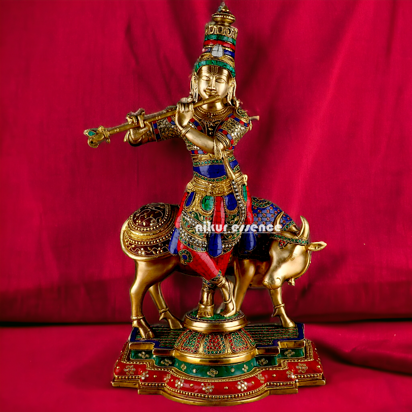 Lord Krishna with cow brass with Stone Work idol - 26.5 Inch