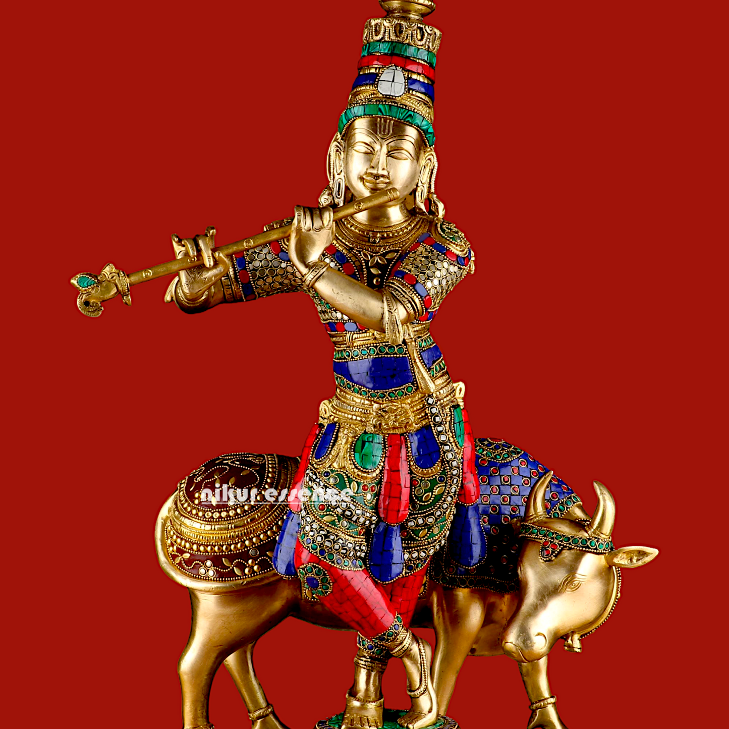 Lord Krishna with cow brass with Stone Work idol - 26.5 Inch