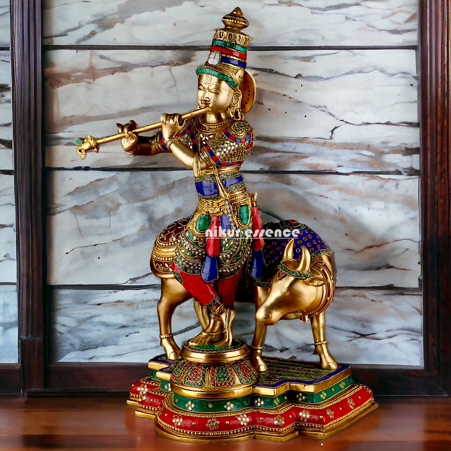 Lord Krishna with cow brass with Stone Work idol - 26.5 Inch