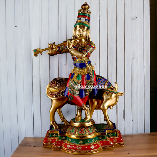 Lord Krishna with cow brass with Stone Work idol - 26.5 Inch