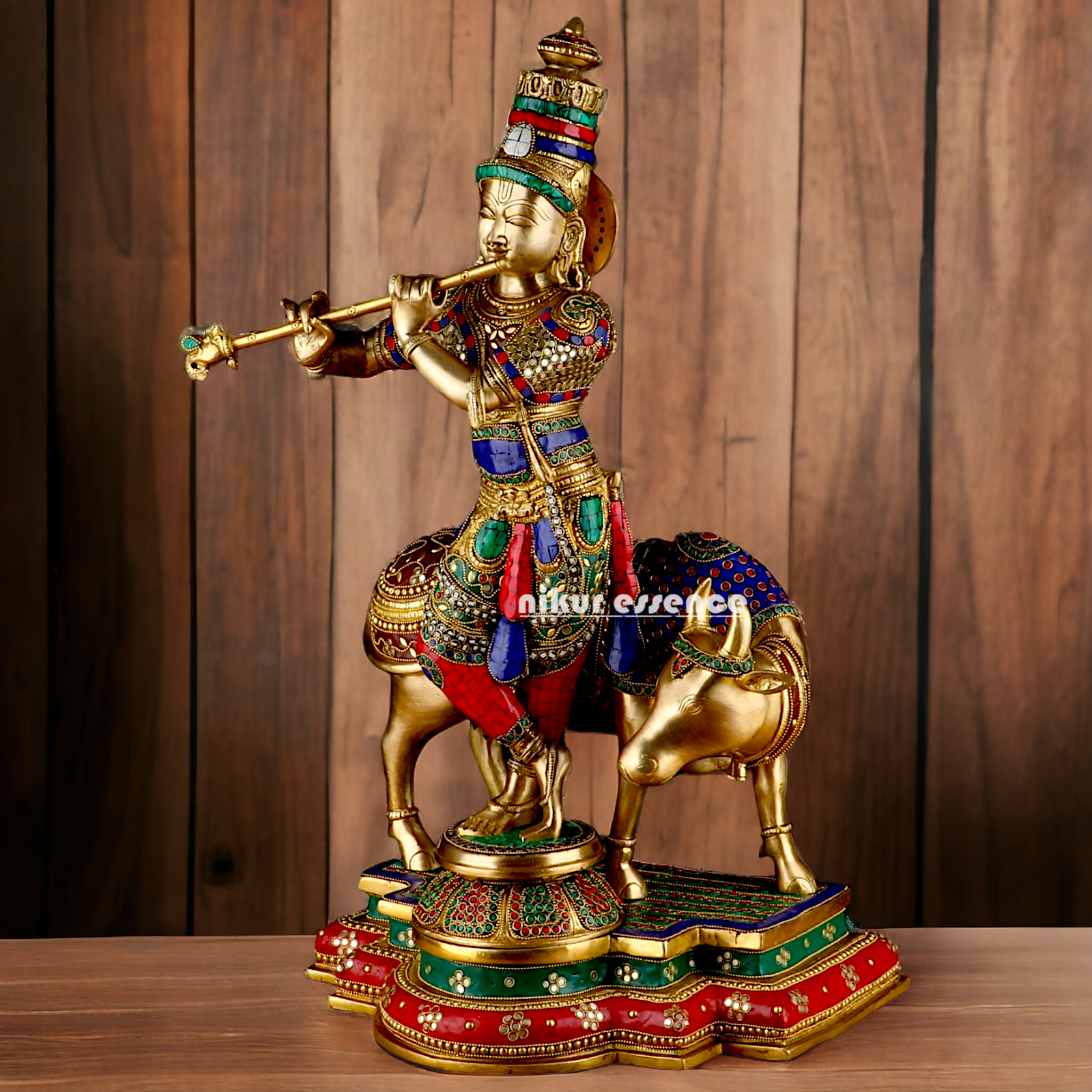 Lord Krishna with cow brass with Stone Work idol - 26.5 Inch