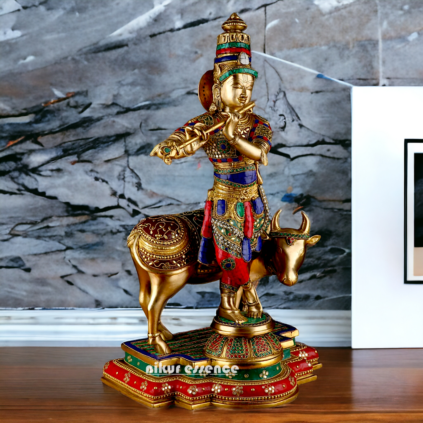 Lord Krishna with cow brass with Stone Work idol - 26.5 Inch