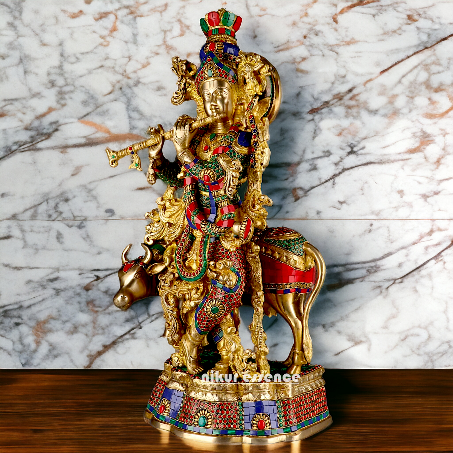 Big Krishna Cow Brass with stone work- 26 Inch