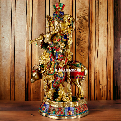 Big Krishna Cow Brass with stone work- 26 Inch