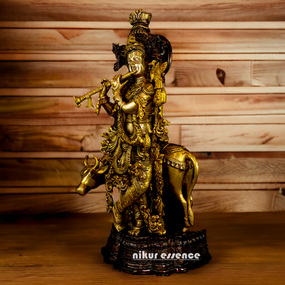 Brass Krishna with Cow Playing Flute statue - 26.5 inch