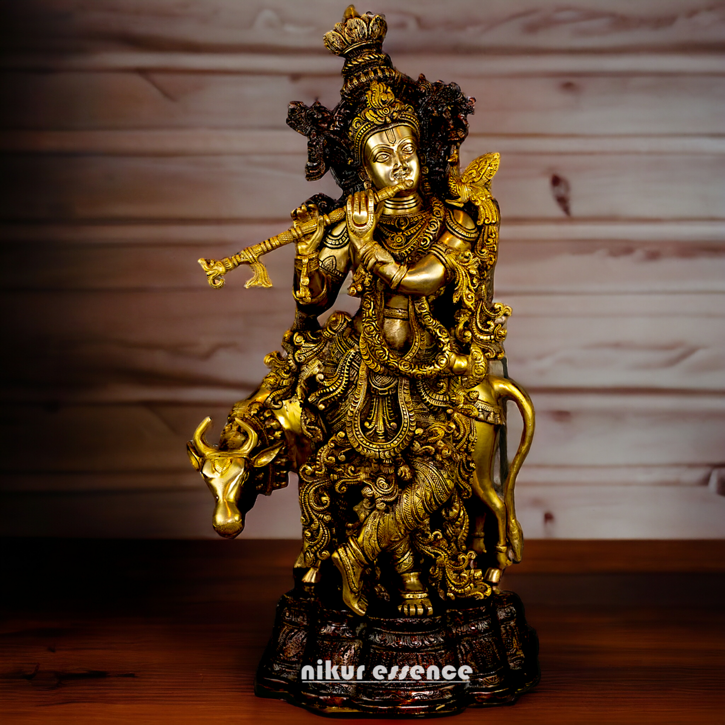 Brass Krishna with Cow Playing Flute statue - 26.5 inch