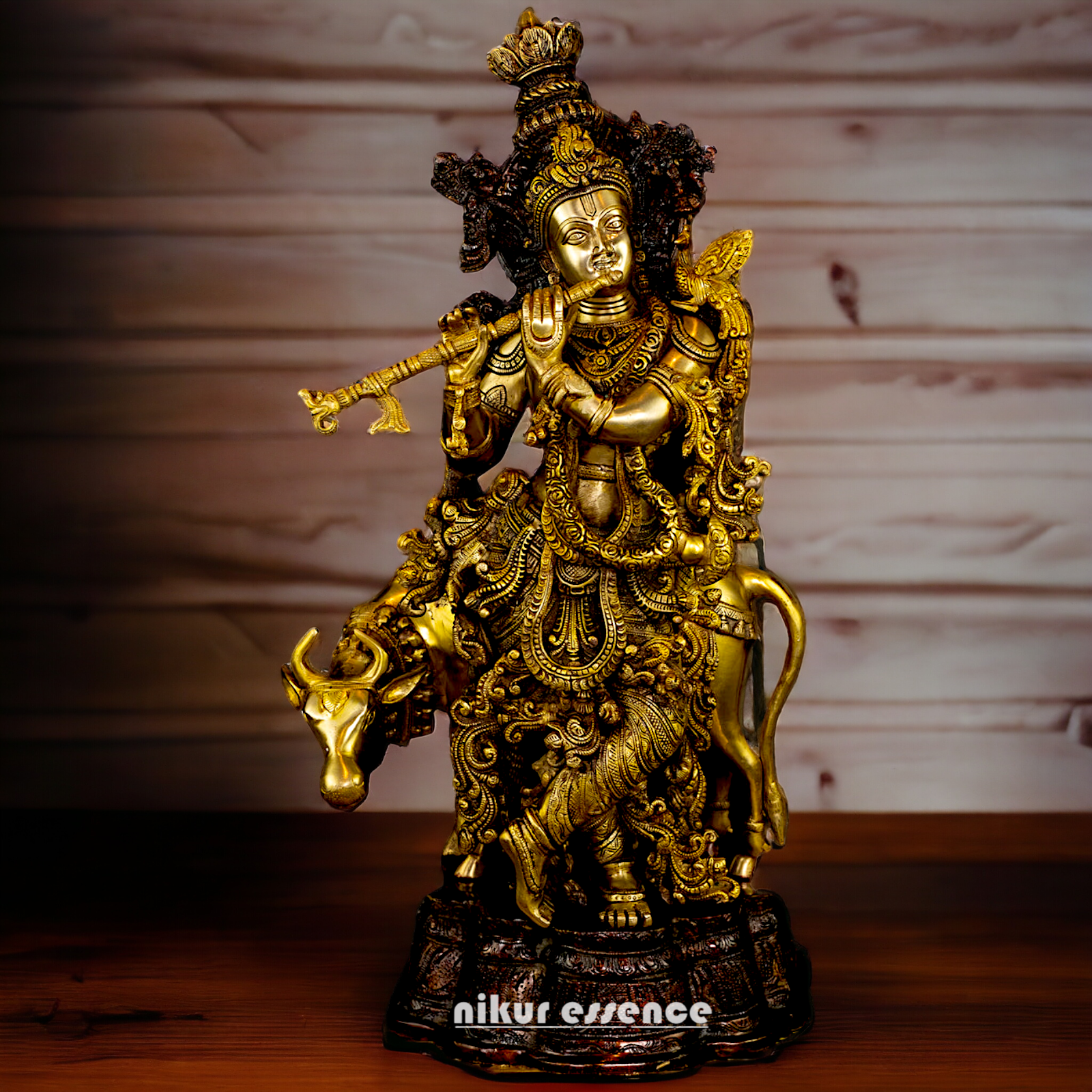 Brass Krishna with Cow Playing Flute statue - 26.5 inch