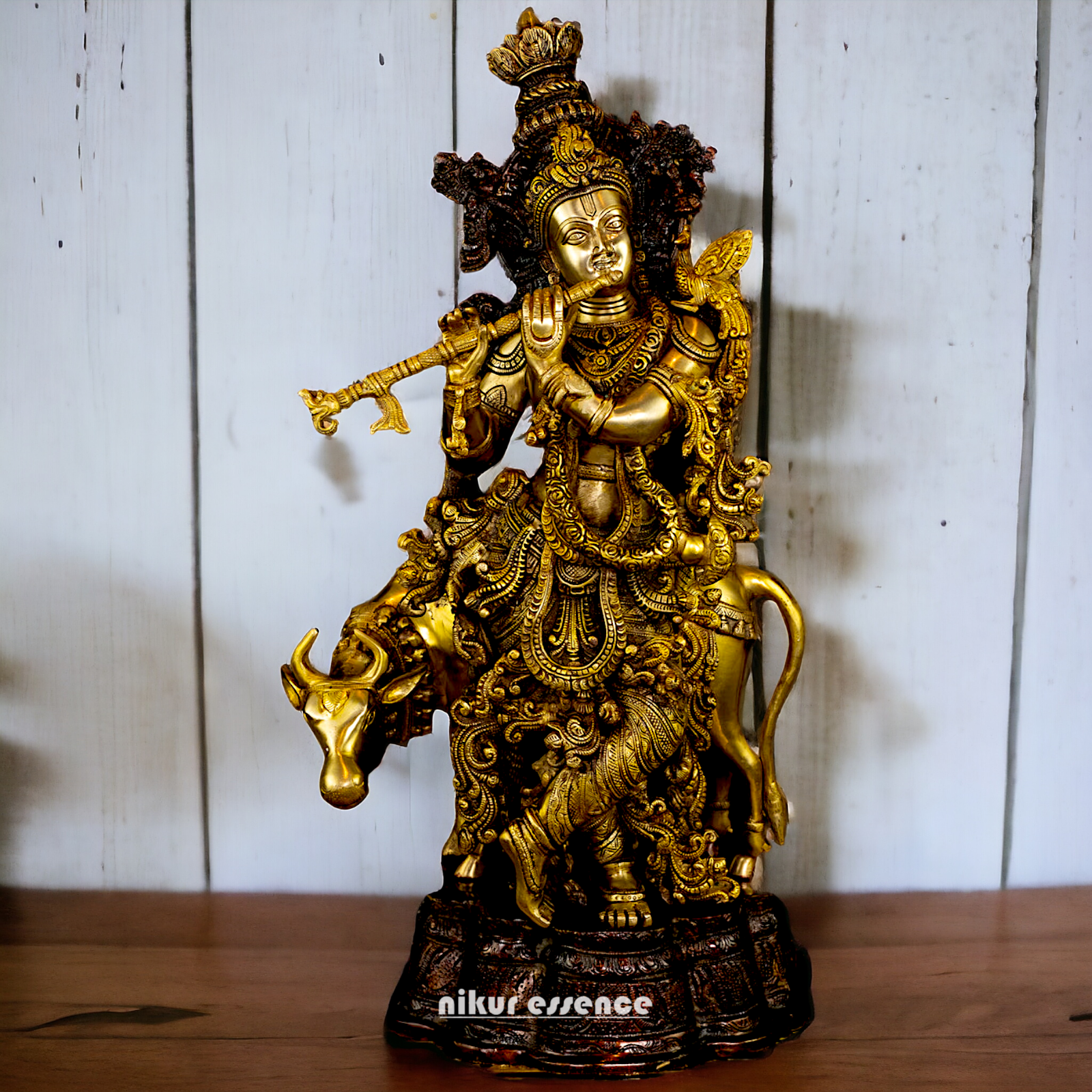 Brass Krishna with Cow Playing Flute statue - 26.5 inch