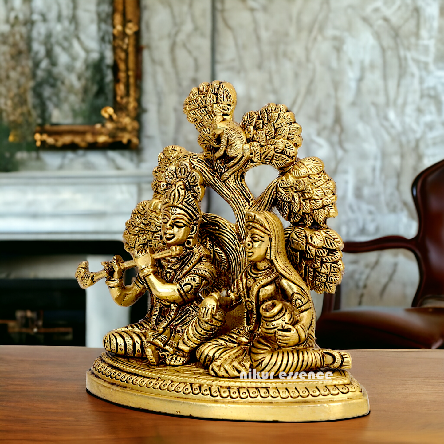 Shop Radha Krishna Sitting with Tree solid Brass idol - 5.5 inch