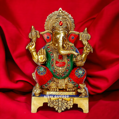 Buy Ganesha Ganesha Sitting Brass with Stone Work statue - 11 inch