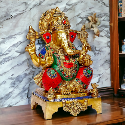 Buy Ganesha Ganesha Sitting Brass with Stone Work statue - 11 inch