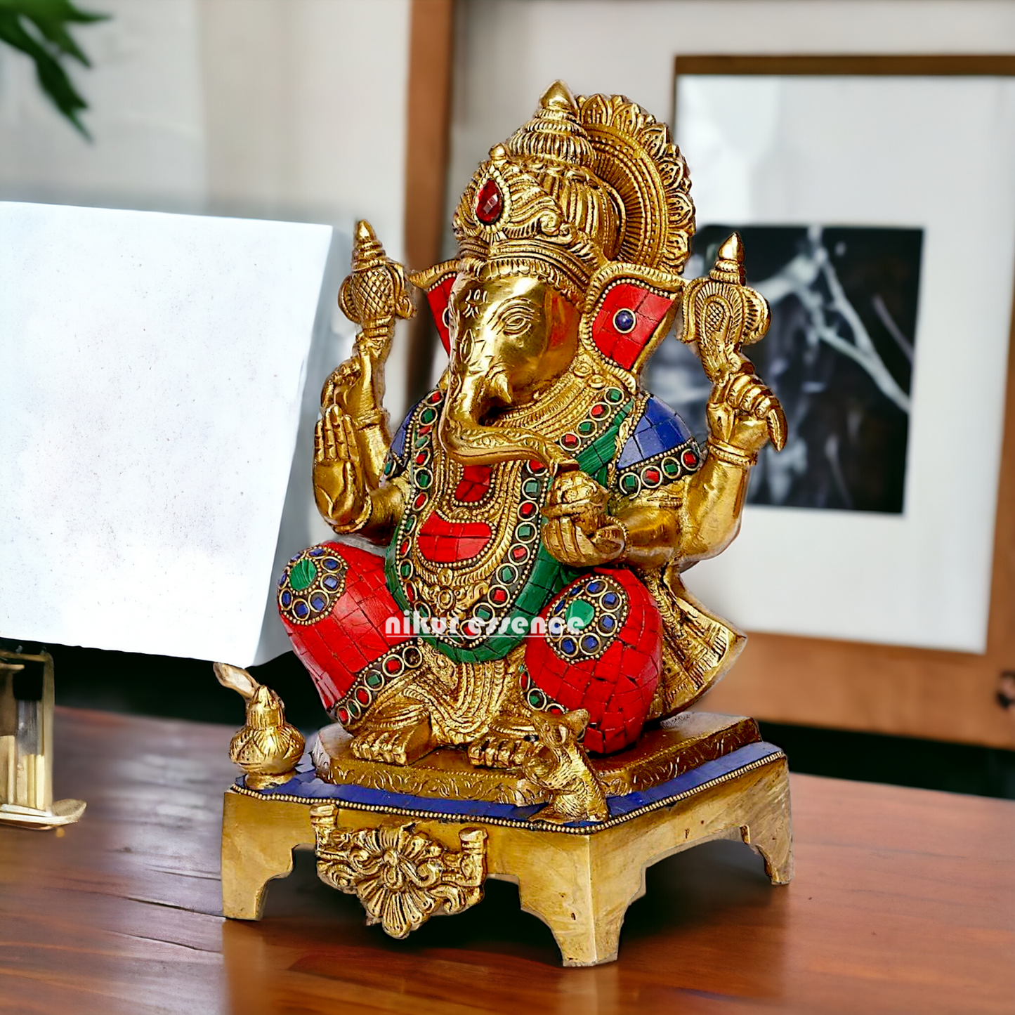 Buy Ganesha Ganesha Sitting Brass with Stone Work statue - 11 inch