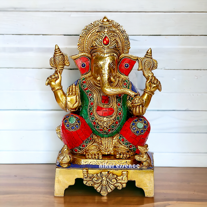 Buy Ganesha Ganesha Sitting Brass with Stone Work statue - 11 inch