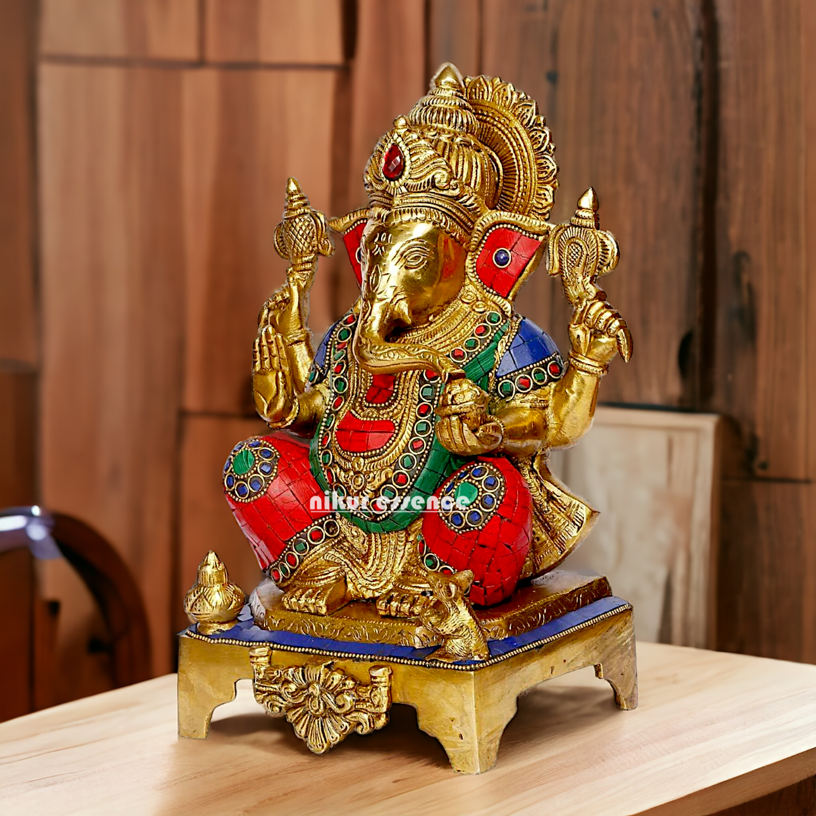 Buy Ganesha Ganesha Sitting Brass with Stone Work statue - 11 inch