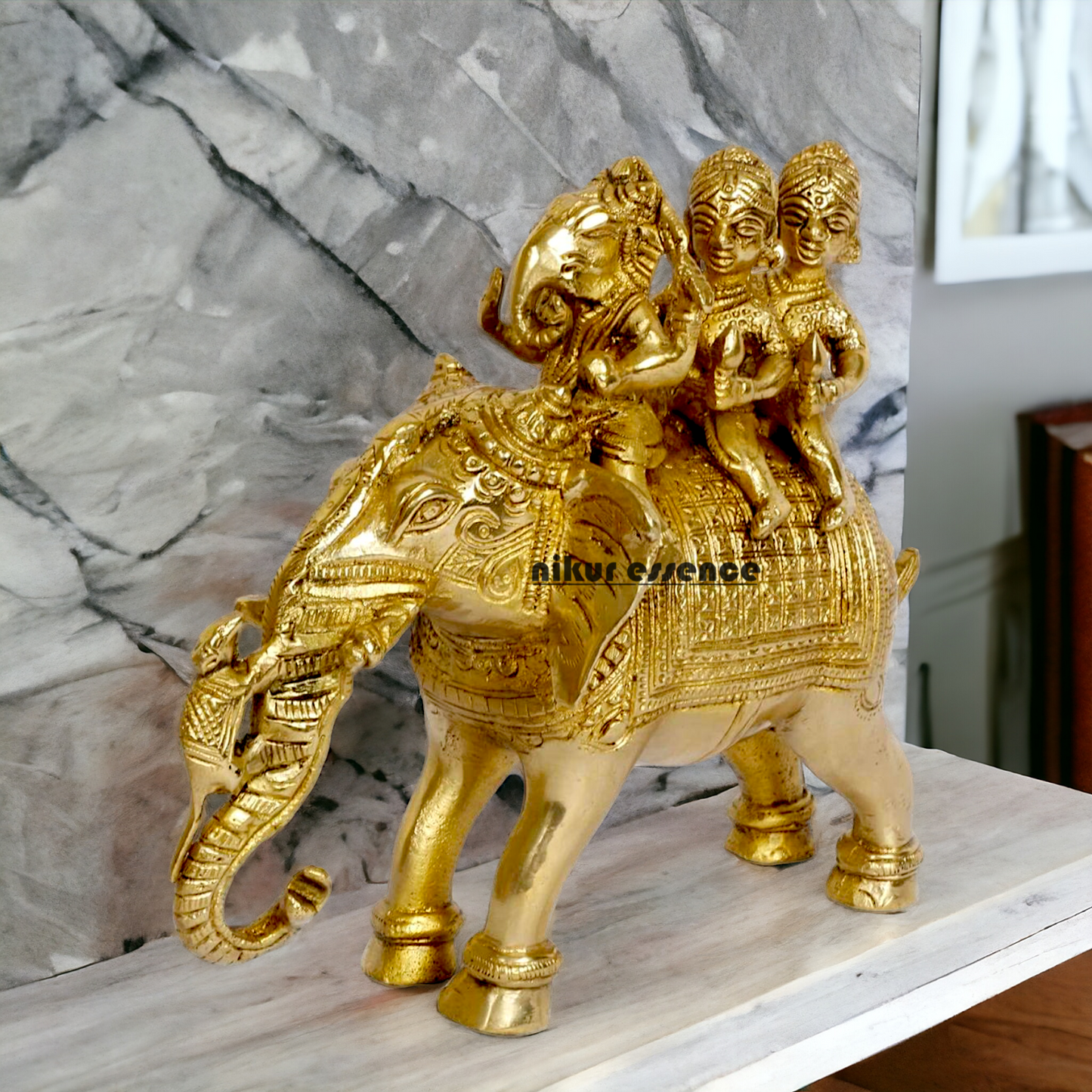 Lord Ganesha riding on Elephant with Riddhi Siddhi solid Brass idol - 8 inch