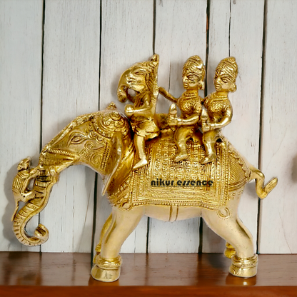 Lord Ganesha riding on Elephant with Riddhi Siddhi solid Brass idol - 8 inch