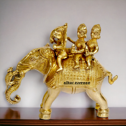 Lord Ganesha riding on Elephant with Riddhi Siddhi solid Brass idol - 8 inch