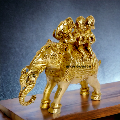 Lord Ganesha riding on Elephant with Riddhi Siddhi solid Brass idol - 8 inch