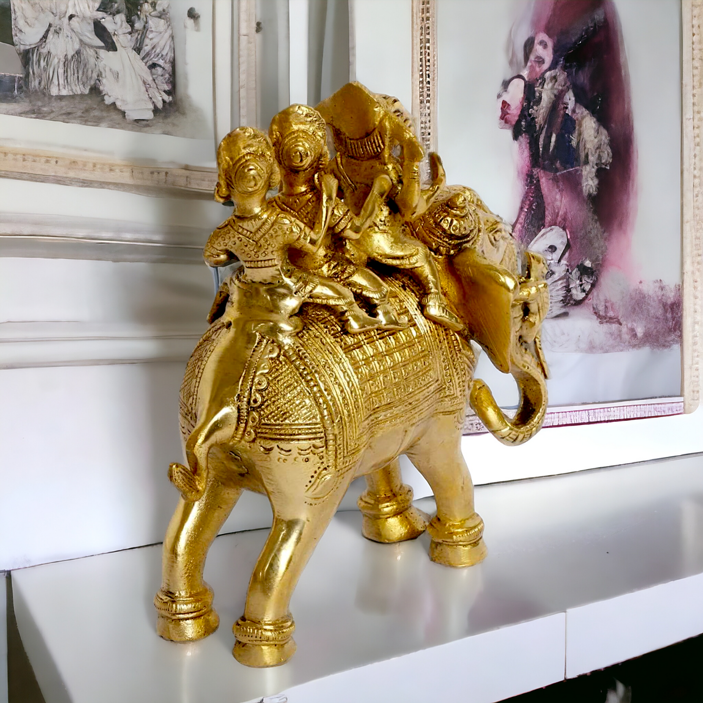 Lord Ganesha riding on Elephant with Riddhi Siddhi solid Brass idol - 8 inch