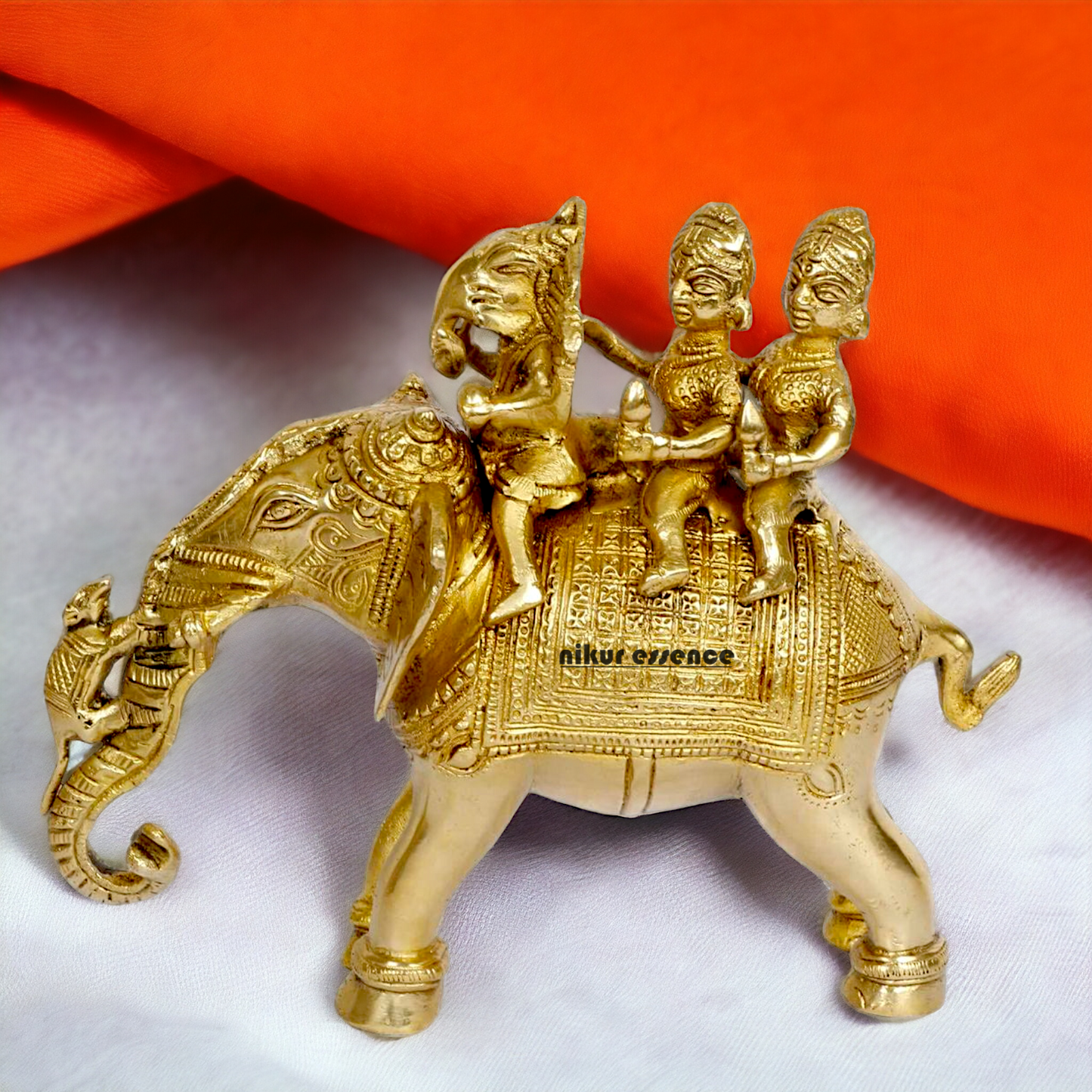 Lord Ganesha riding on Elephant with Riddhi Siddhi solid Brass idol - 8 inch