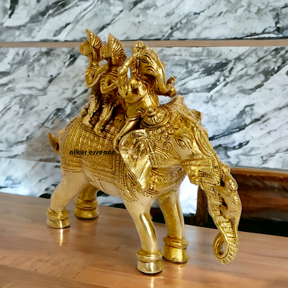 Lord Ganesha riding on Elephant with Riddhi Siddhi solid Brass idol - 8 inch