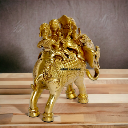 Lord Ganesha riding on Elephant with Riddhi Siddhi solid Brass idol - 8 inch