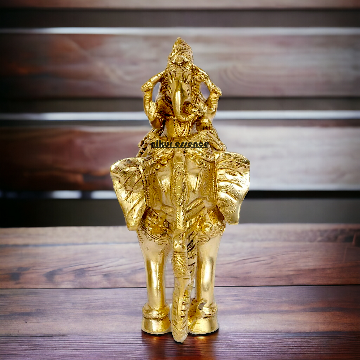 Lord Ganesha riding on Elephant with Riddhi Siddhi solid Brass idol - 8 inch