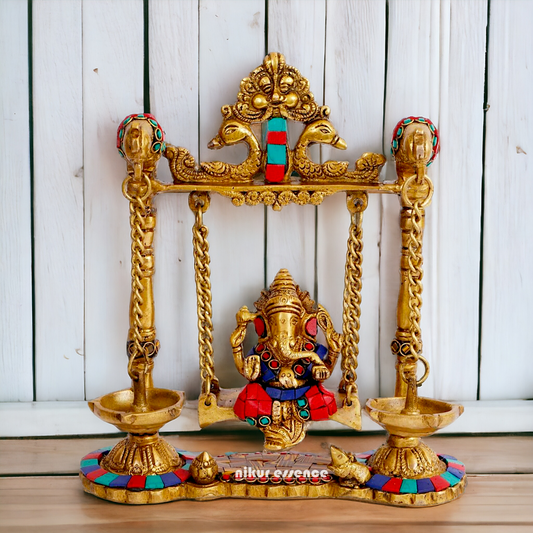 Lord Vinayaka Ganpati swinging Jhula Brass with Stone Work idol - 9 Inches