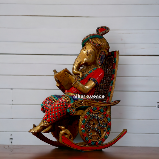 Buy Ganesha Seated on Chair Brass with Stone Work Idol - 15.5 Inches