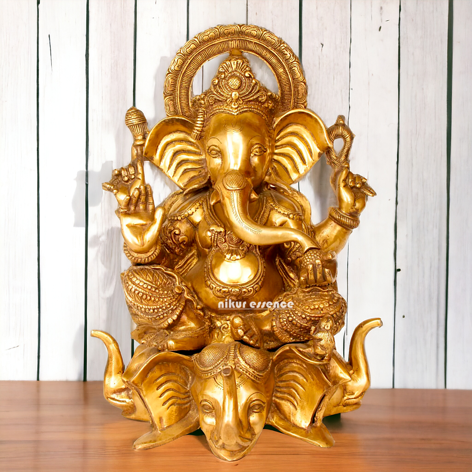 Pure Brass Ganesha Seated on Elephant idol - 20.5 Inches