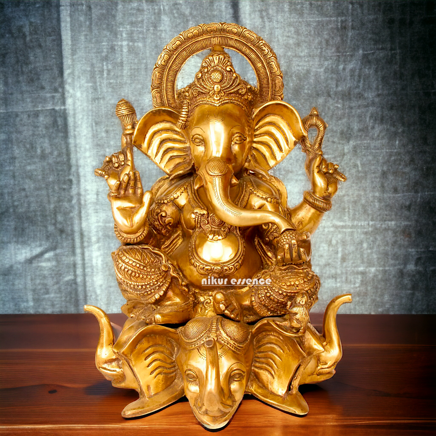 Pure Brass Ganesha Seated on Elephant idol - 20.5 Inches