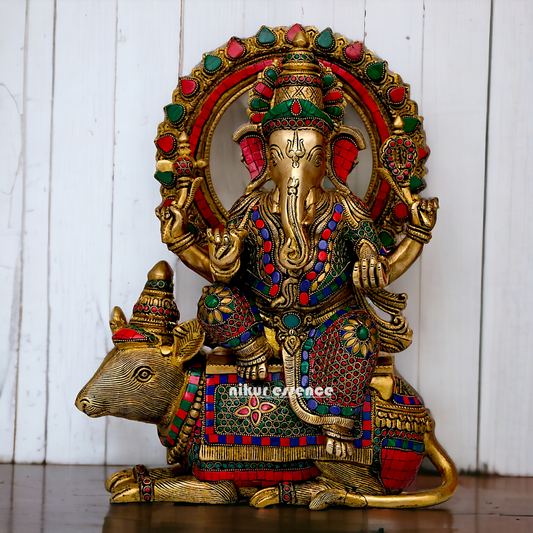 Lord Ganesh Seated musak on Rat Brass with Stone Work statue - 16.5 Inches