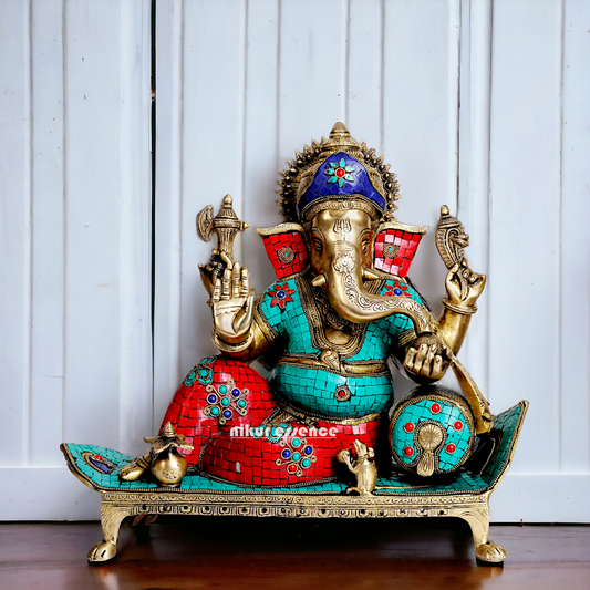 Brass Ganesha Seated on Sofa with Stone Work idol - 19 Inches