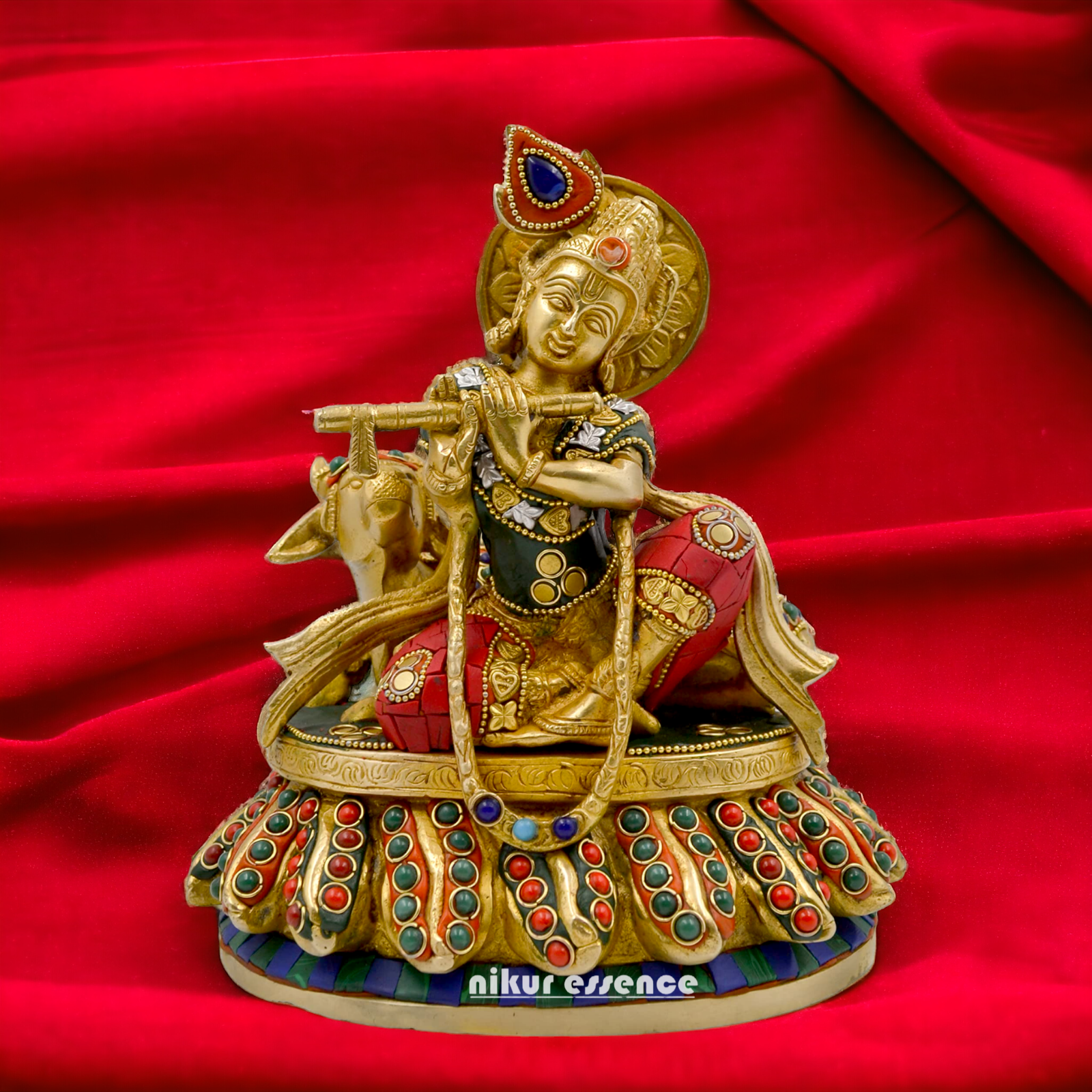 Lord Krishna Bhagwan With Cow Sitting Brass Stone Work idol - 8.6 Inch