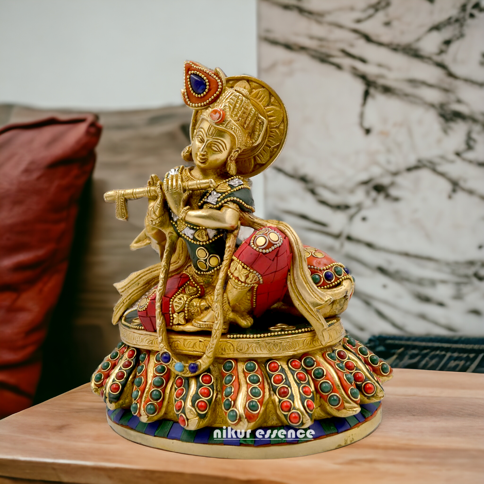 Lord Krishna Bhagwan With Cow Sitting Brass Stone Work idol - 8.6 Inch