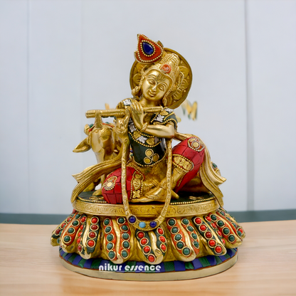 Lord Krishna Bhagwan With Cow Sitting Brass Stone Work idol - 8.6 Inch