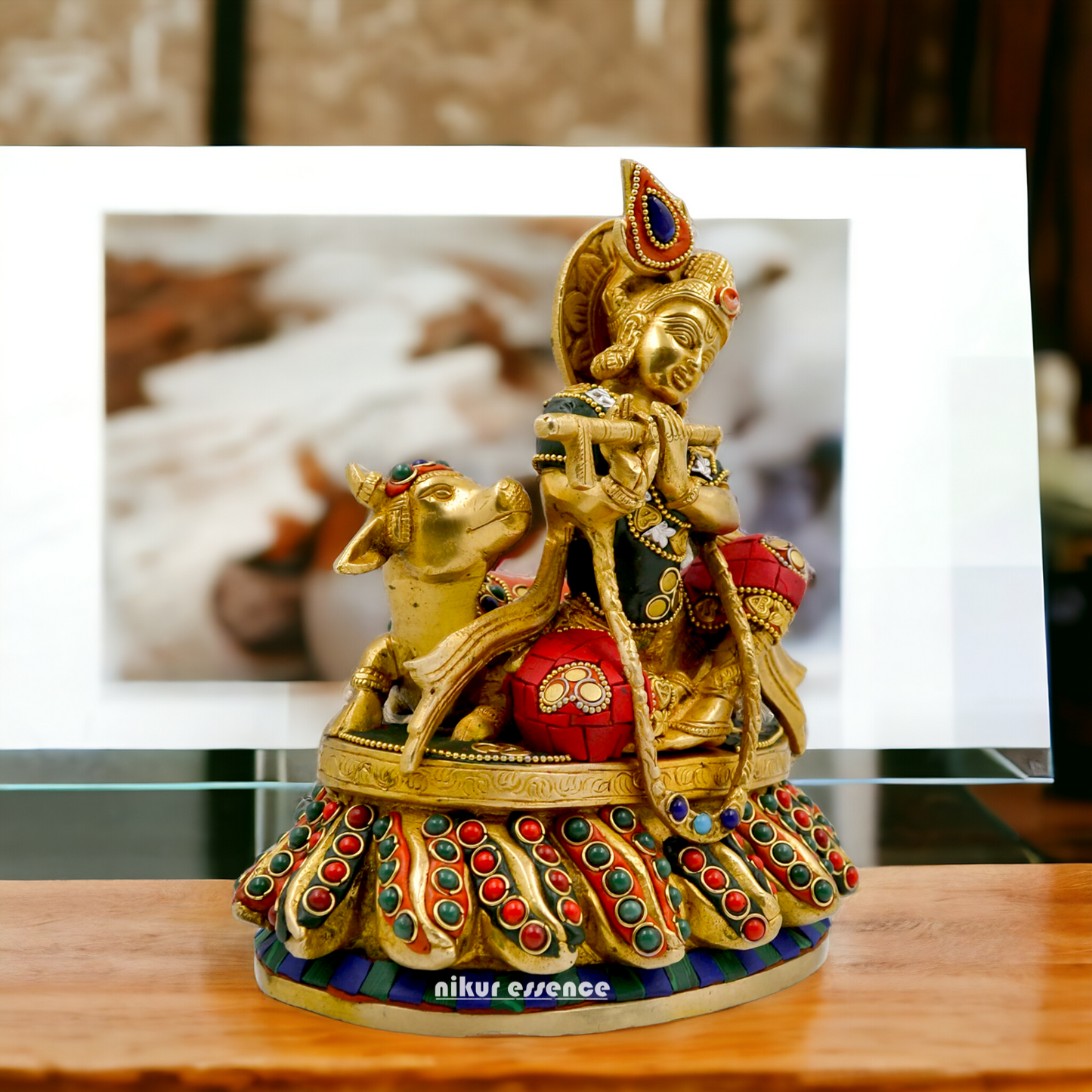 Lord Krishna Bhagwan With Cow Sitting Brass Stone Work idol - 8.6 Inch