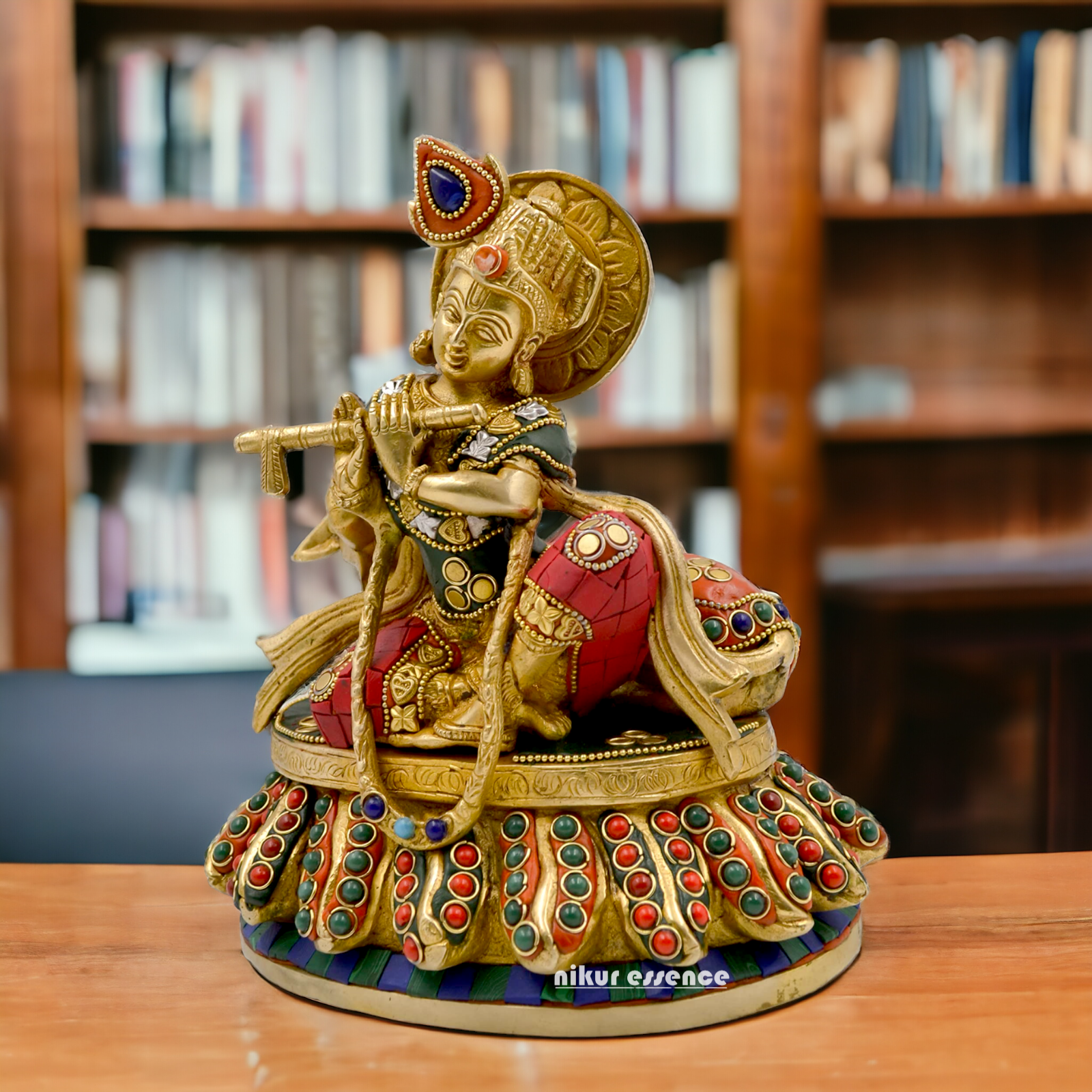 Lord Krishna Bhagwan With Cow Sitting Brass Stone Work idol - 8.6 Inch