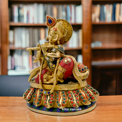 Lord Krishna Bhagwan With Cow Sitting Brass Stone Work idol - 8.6 Inch