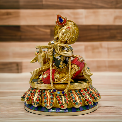 Lord Krishna Bhagwan With Cow Sitting Brass Stone Work idol - 8.6 Inch