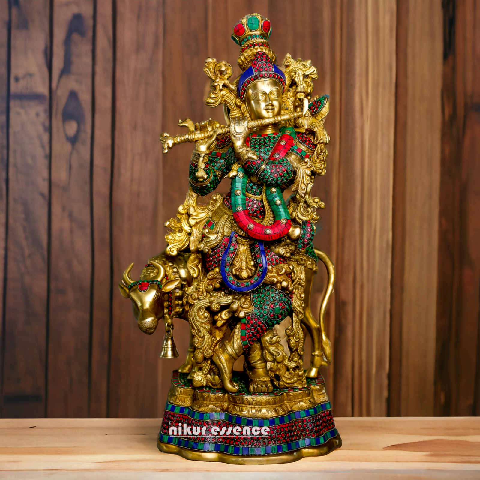 Brass Krishna With Cow Stone work idol - 26 Inch