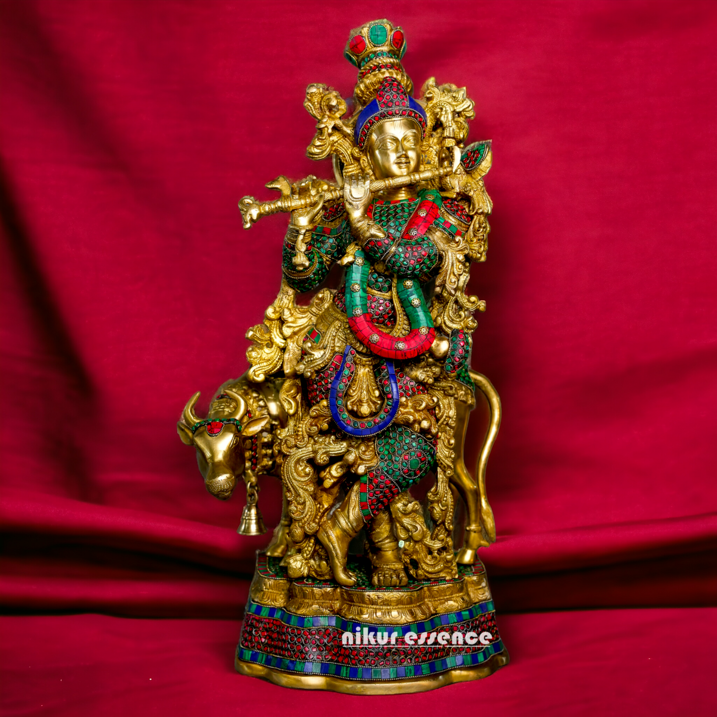 Brass Krishna With Cow Stone work idol - 26 Inch